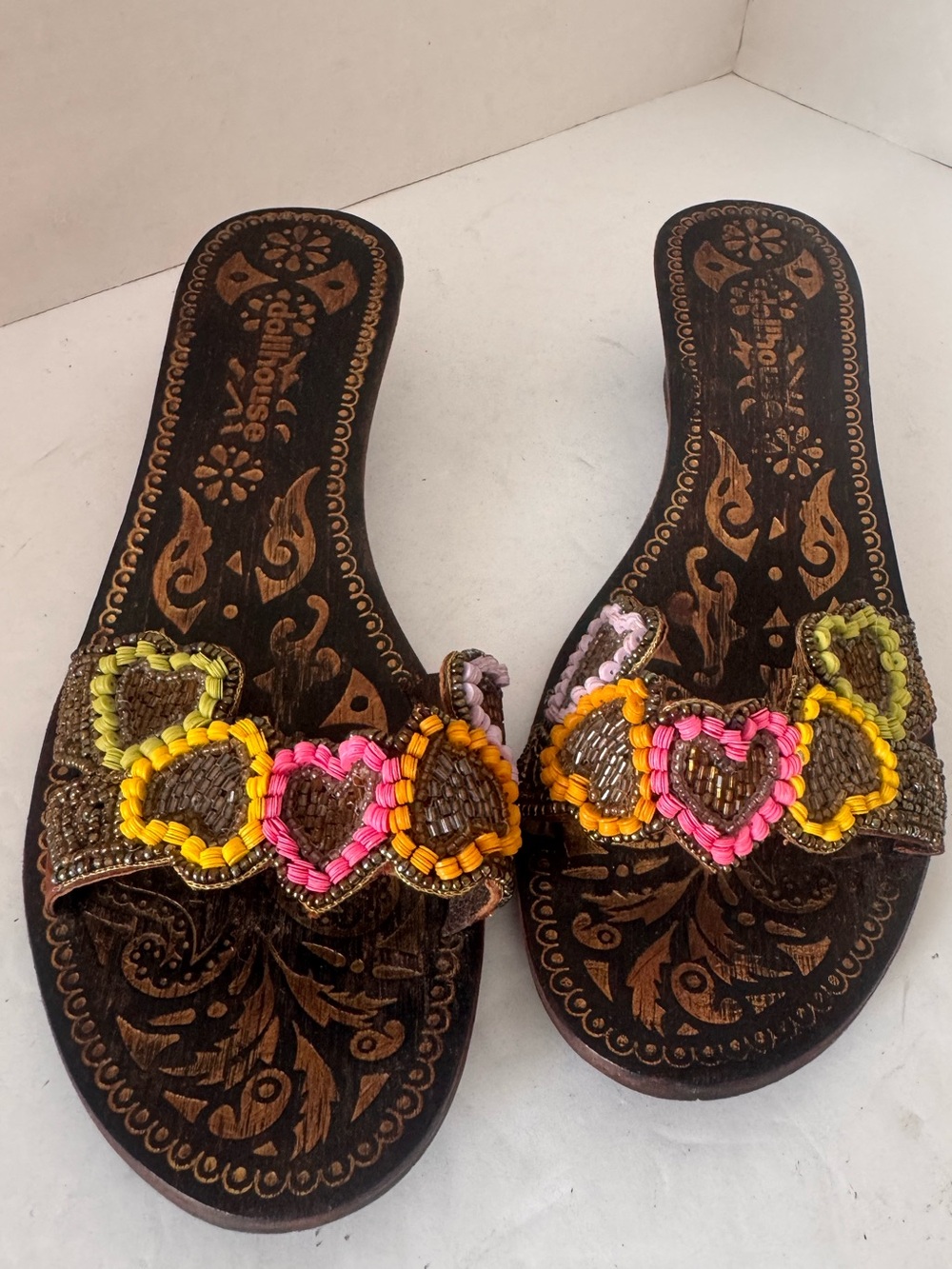 Esplanade Beaded Heart Slide Sandals Boho Wooden Footbed Multicolor Size 7